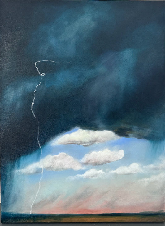 Pushing Back by Janine Crum, with lightning beneath dark storm clouds and white clouds above a sunlit horizon.