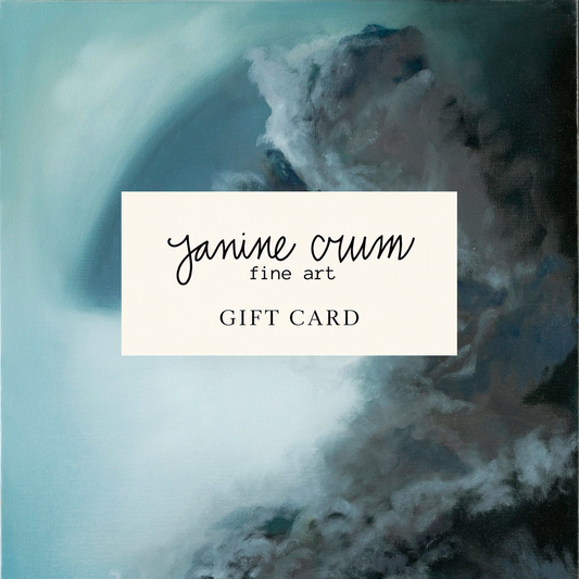 Janine Crum Fine Art gift card design with a cream card over a blue-gray cloud painting.